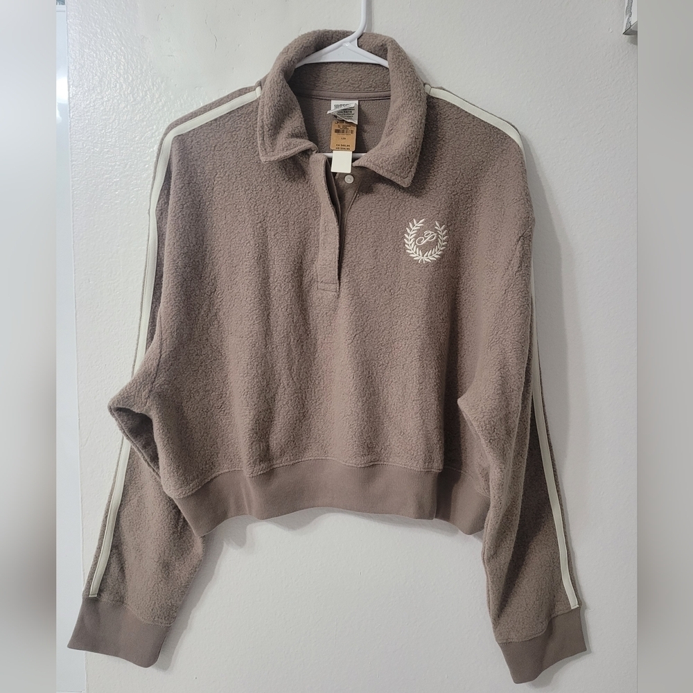 Victorias Secret PINK Fleece Varsity Cropped Sweatshirt Sz L Brown Sherpa Henley - Picture 3 of 9